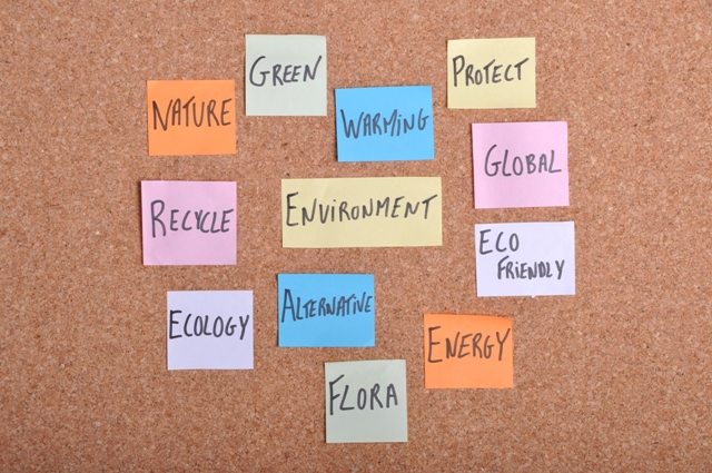 environment concept with keywords written on colorful note papers (bulletin board)