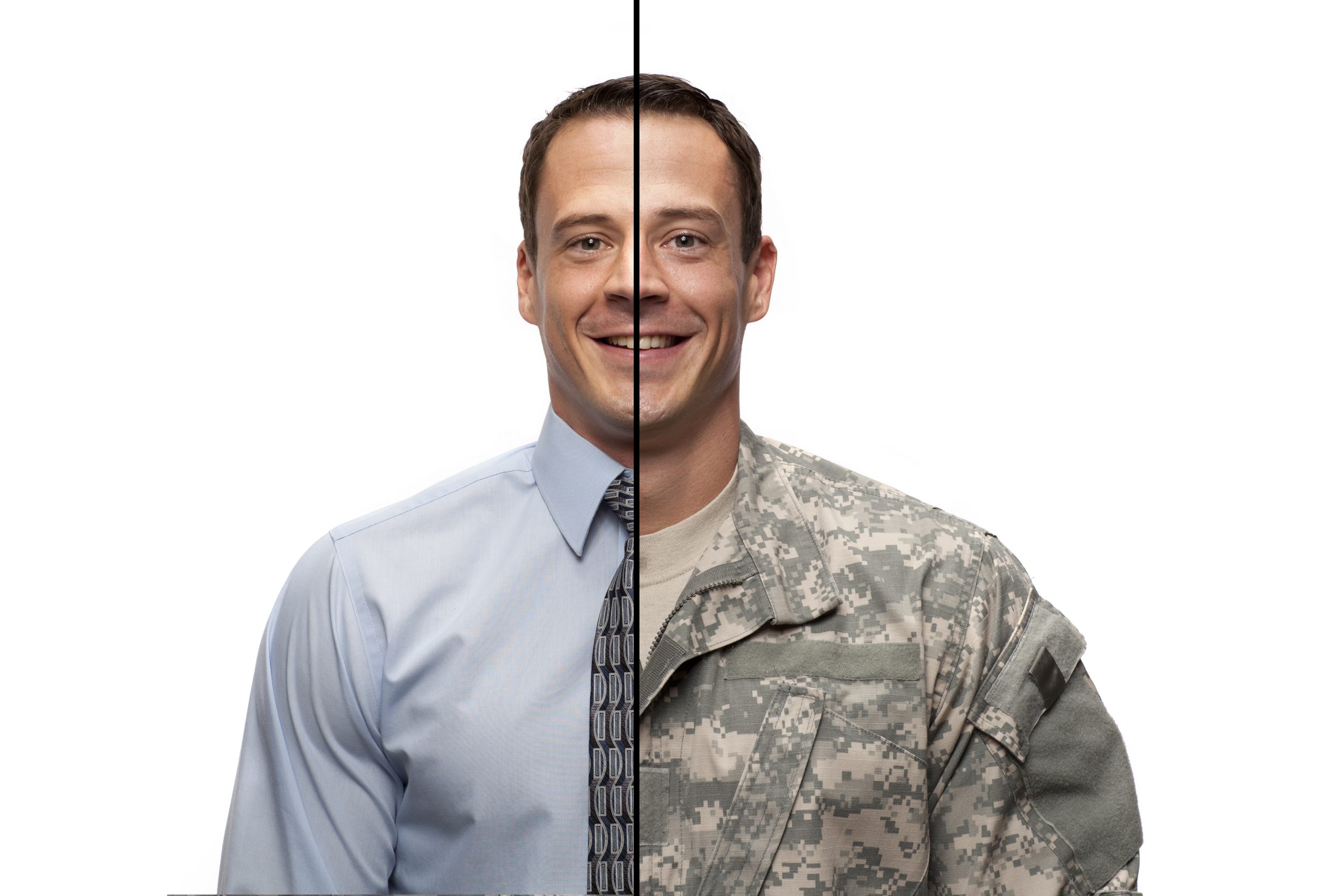 Military to Civilian - Man dressed in half military uniform - half civilian clothes